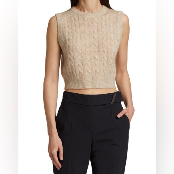 NWT Brunello Cucinelli Mohair Tan Cropped Cable-Knit Sparkle Sweater Vest Medium